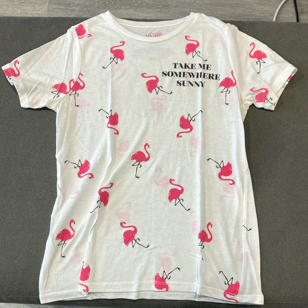 Flamingo Print T-Shirt - White & Pink